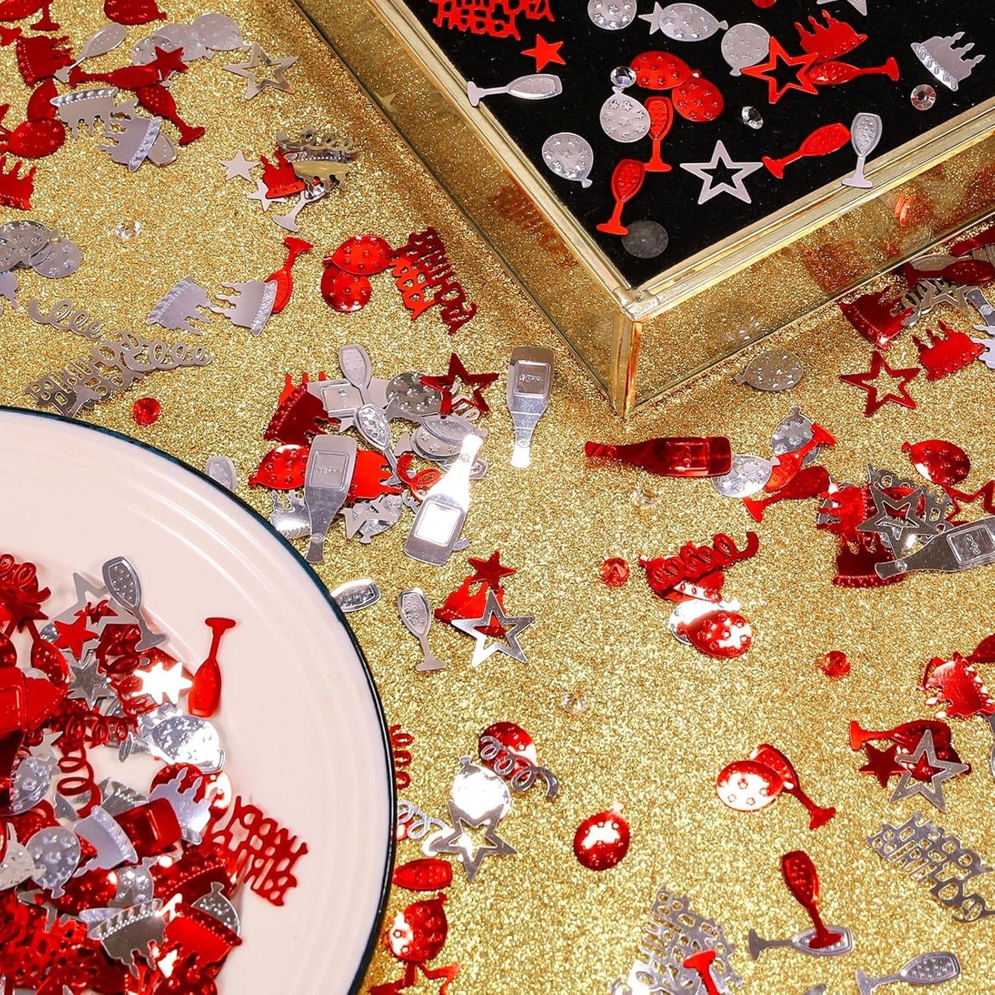 VHUWE Happy Birthday Confetti, 1.6 oz Red Silver Cake Balloon Star Goblet Bottle Glitter Confetti for Boys Girls Kids Women Men Happy Birthday Party Table Decorations Supplies