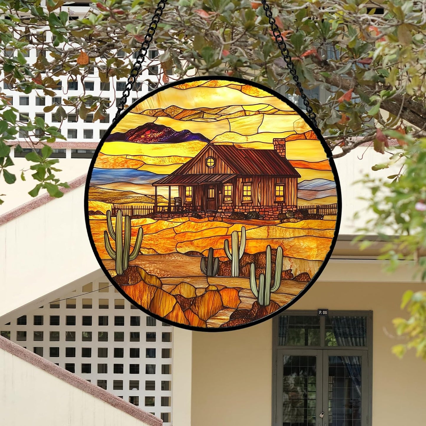 Stained Glass Window Hanging 4 Pcs Set Desert Sunset Theme Landscape 7.8" - Suncatcher Door Garden Sun Catcher Decor Birthday Christmas for Mom Woman Nana Men
