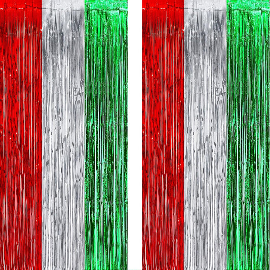 Red Silver Green Party Streamers - GREATRIL Christmas Tinsel Backdrop for Xmas Winter Italian Elf Themed Parties Decorations - 2 Packs