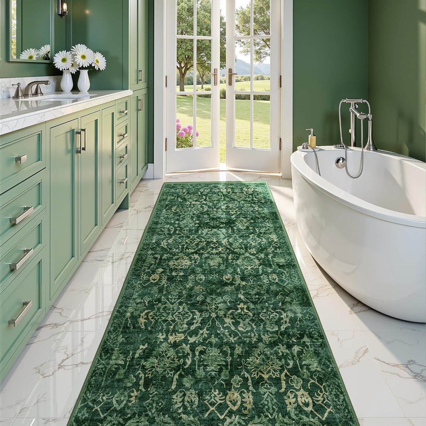 Dark Green 3x10 Runner Rug for Hallways Bed Side Kitchen, Boho Washable Distressed Low-Pile Floor Entryway Long Bathroom Mat, Non-Slip Laundry Room Washstand Front Carpet Green 36x84 Inch