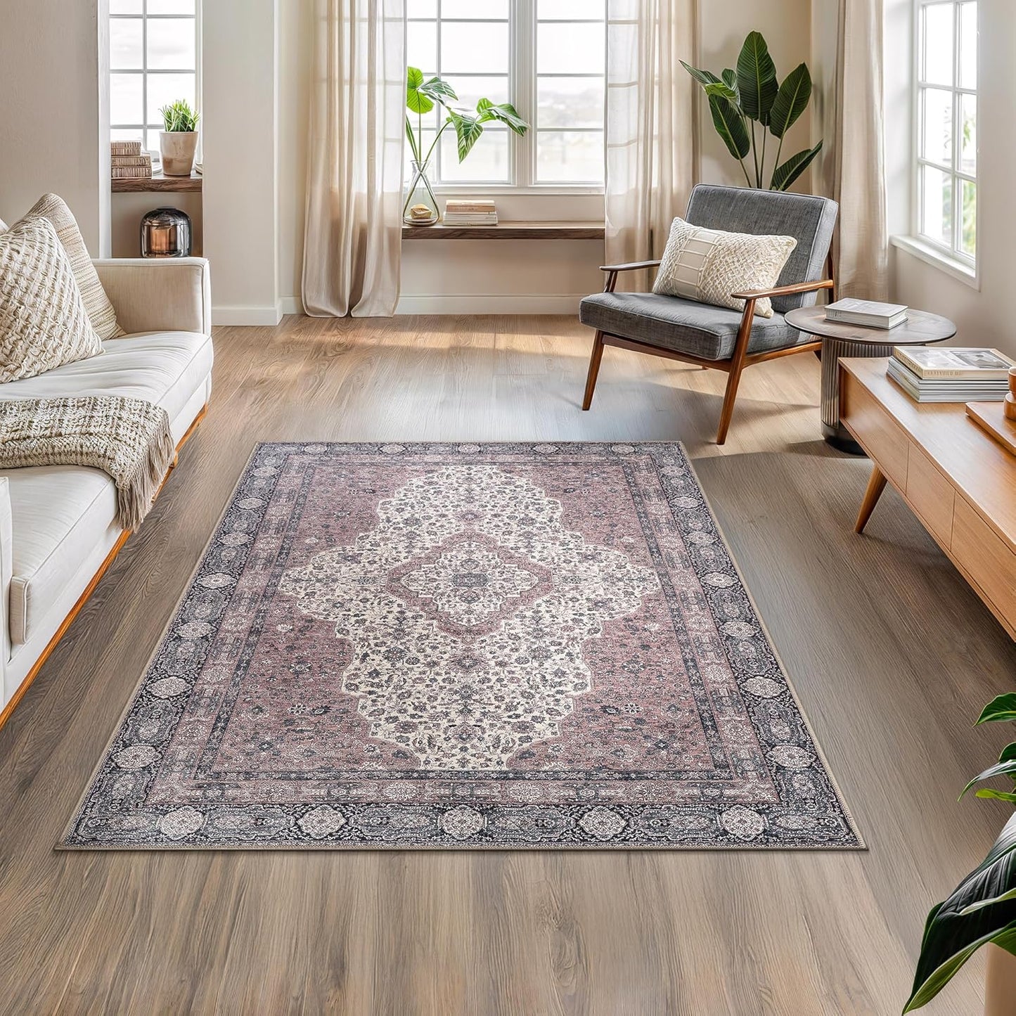 Bloom Rugs Washable Non-Slip 4' x 6' Rug - Cream/Green Traditional Medallion Area Rug for Living Room, Bedroom, Dining Room, and Kitchen - Exact Size: 4' x 6'