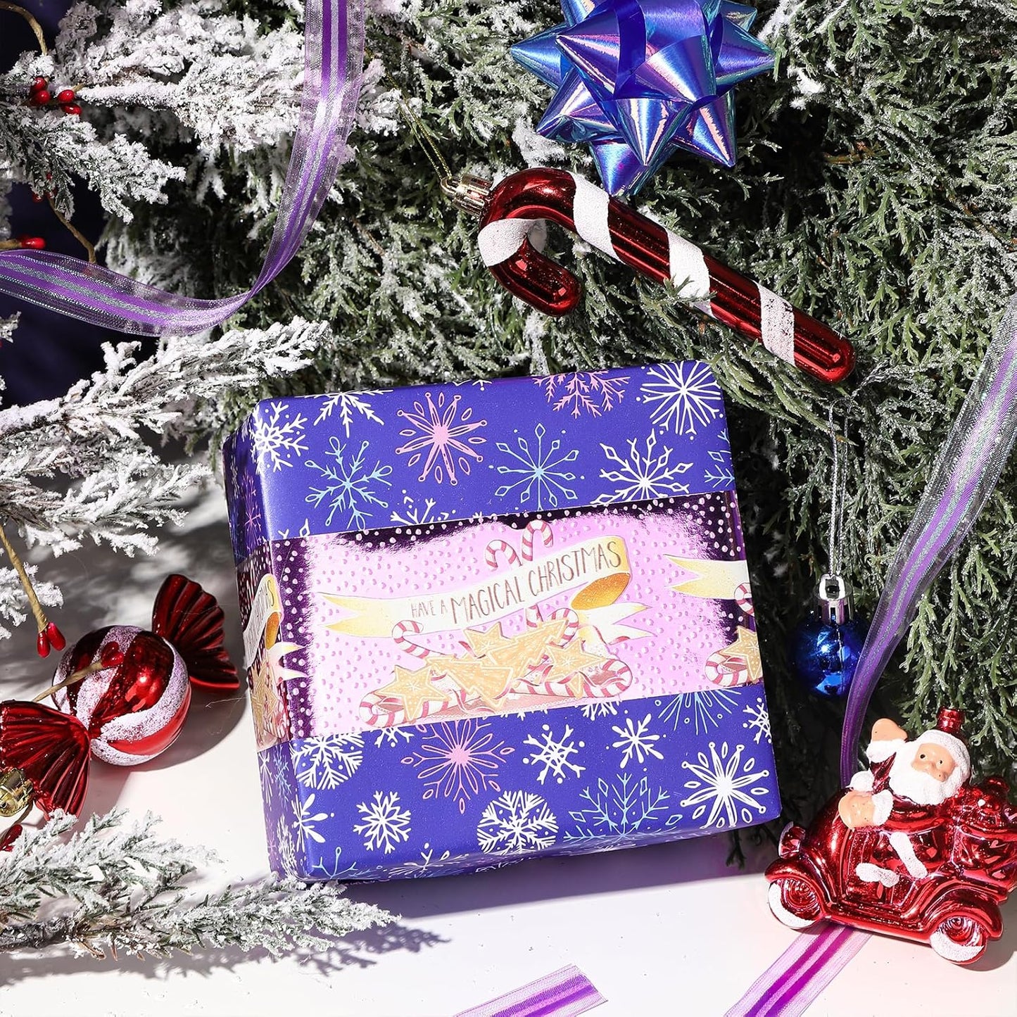 LeZakaa Christmas Purple Wrapping Paper Mini Roll, Have a Magical Christmas Cake Stand, Snowflake in Purple, Metallic Foil, Reversible Design for Winter Holiday Family Gathering, 17 inches x 32.8 Feet