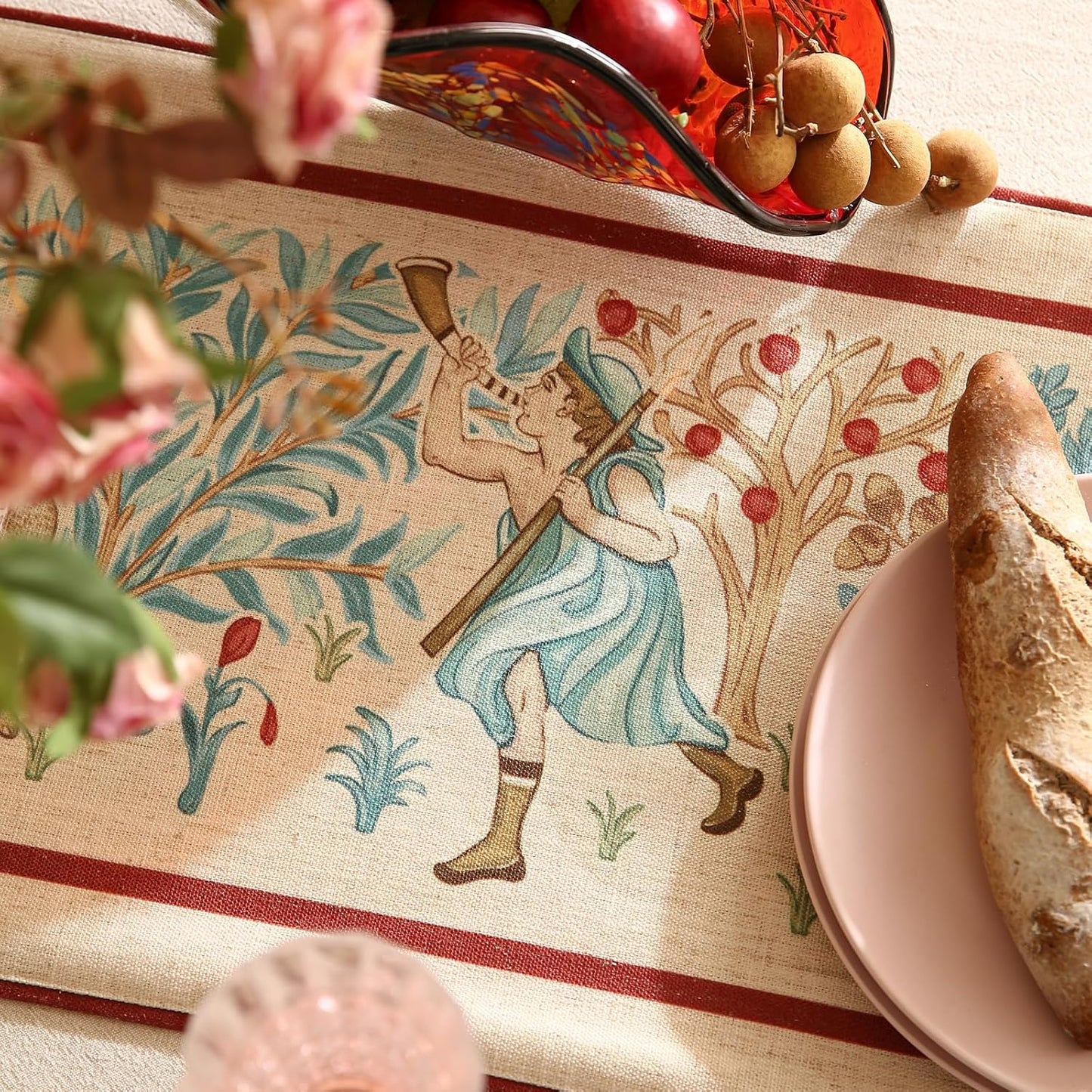 patdrea Designer Idyll Linen Extra Long Table Runner,Vintage Beige Farmhouse with Ancient Spring Figure and Animal Pattern Table Mat, Decoration for Kitchen Dining Banquet Christmas ,12"*102"