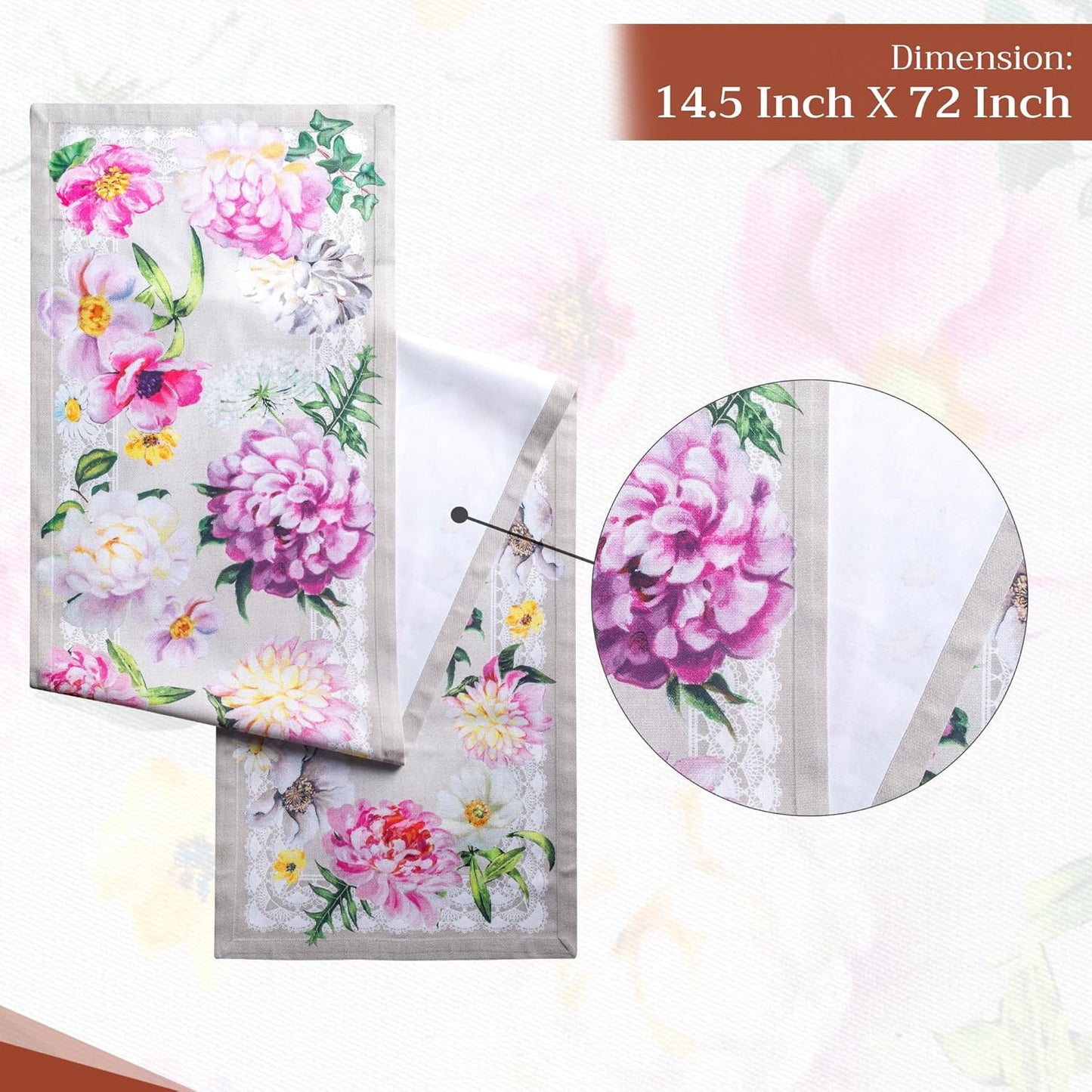 Maison d' Hermine Table Runner 100% Cotton Single Layer Table Runners 72 inches Long Decorative for Home Kitchen Dining Party Baby Shower Wedding Bridal Shower Spring Summer (Pivoine, 14.50" x 72")