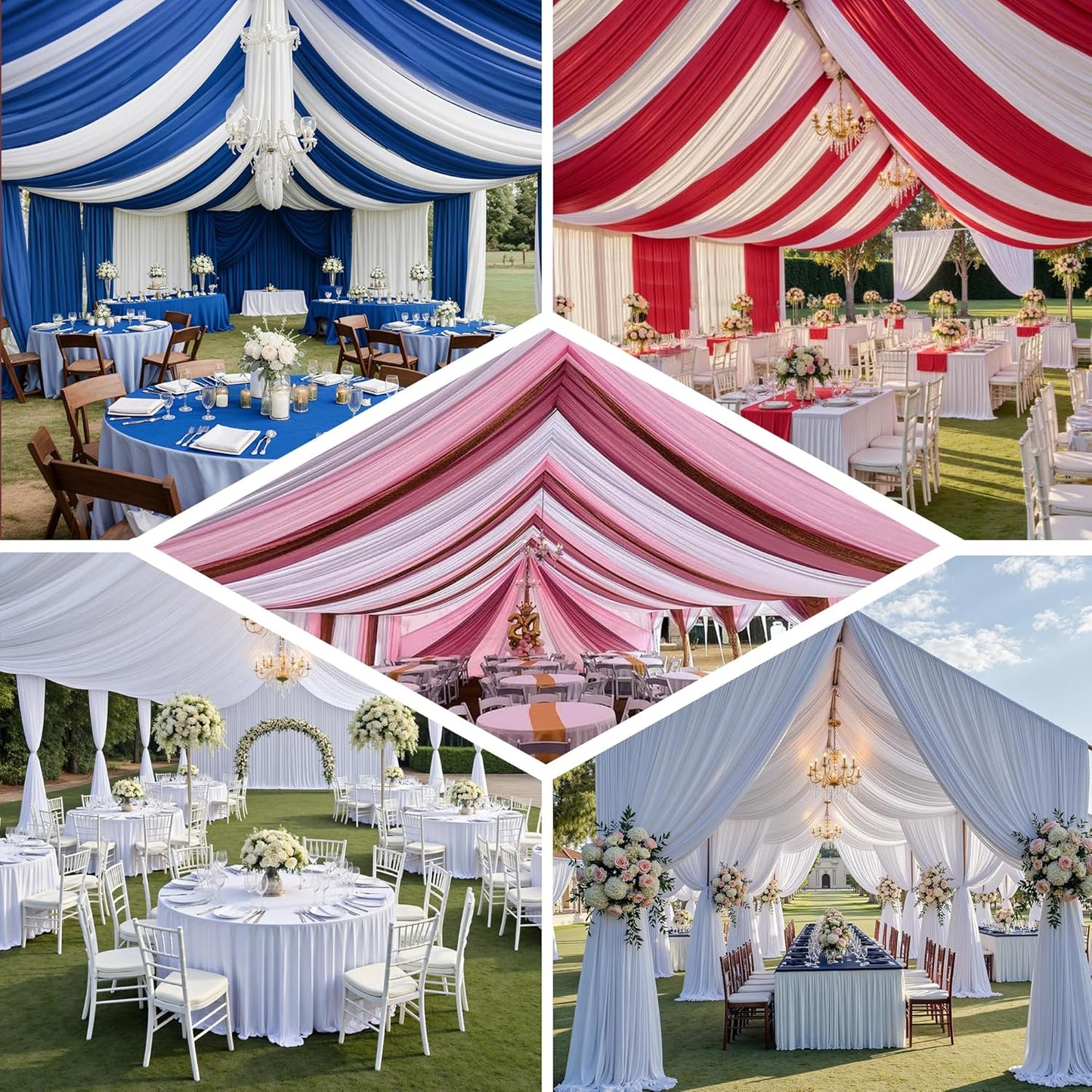 PartyVillage 60ftx40ft White Ceiling Curtain for Wedding Parties – 12 Panels Wrinkle-Free 40 FT Long Tent Draping Curtains for Wedding, Birthday & Theme Parties, 40ft Height with Rod Pocket