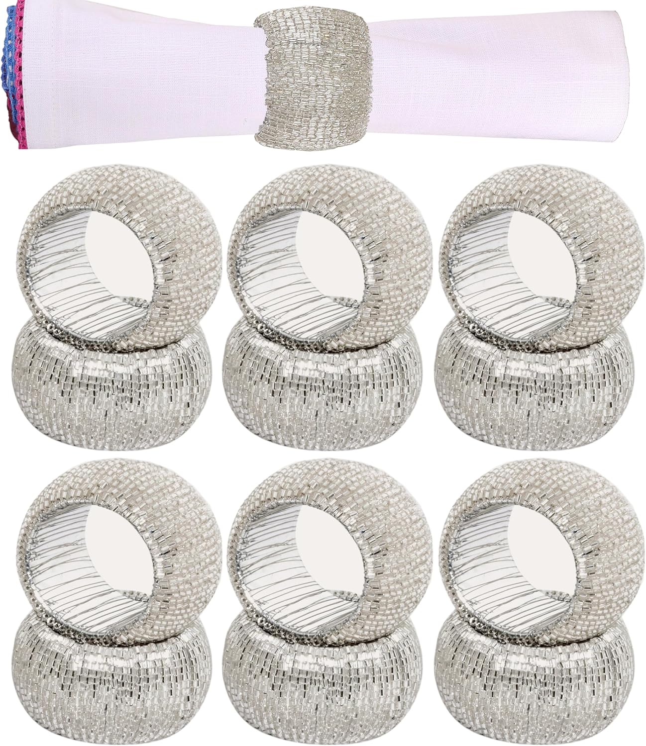 12 Pcs Beaded Napkin Rings - Rhinestone Napkin Buckles Glossy Napkin Bling Round Holders for Easter Holiday Wedding Banquet Home Party Dining Table Decoration (Silver) - CLEENTABLE