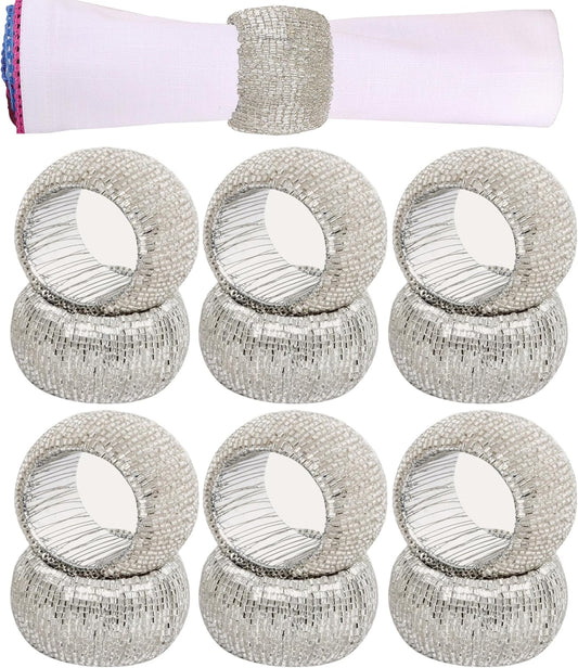 12 Pcs Beaded Napkin Rings - Rhinestone Napkin Buckles Glossy Napkin Bling Round Holders for Easter Holiday Wedding Banquet Home Party Dining Table Decoration (Silver) - CLEENTABLE