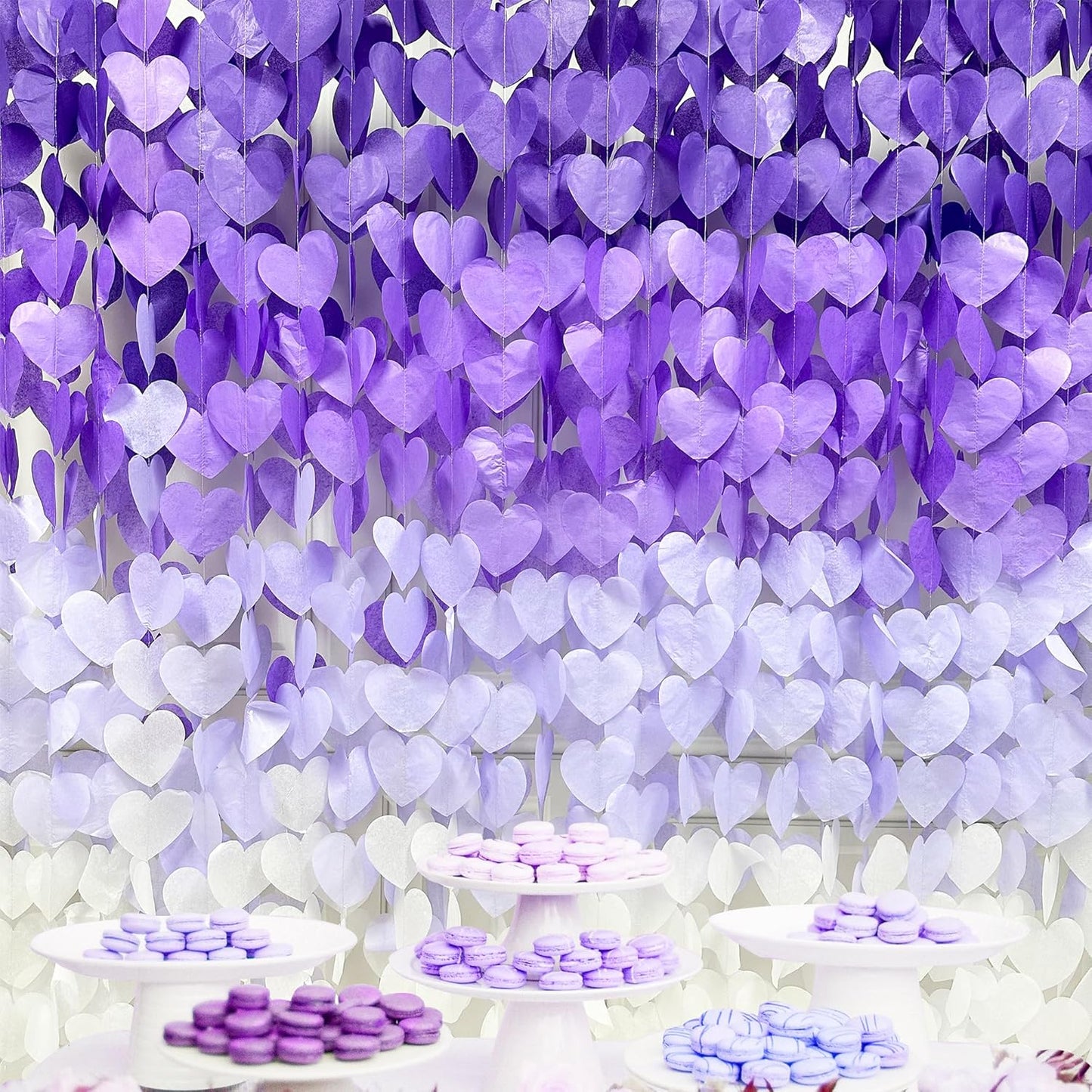 205Ft Lavender Party Decoration Ombre Purple White Heart Backdrop Streamer Tissue Paper Heart Hanging Garland for Birthday Valentines Day Bachelorette Wedding Bridal Shower Lilac Violet Party Supplies