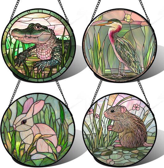 Stained Glass Window Hanging 4 Pcs Set Cute Animal Large 15"- Green Plant Pink Suncatcher Door Garden Sun Catcher Decor Birthday Christmas for Mom Woman Nana Men Friend