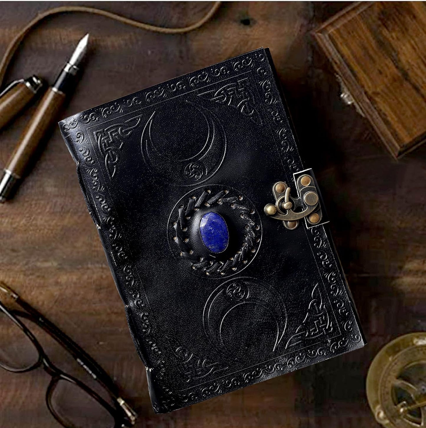 cuero 3 Moon Blue Lapiz Embossed Vintage Leather Journal | 240 Pages of Antique Handmade Deckle Edge Vintage Paper, Leather Sketchbook, Drawing Journal, Great Gift (6 inch by 8 inch, black)