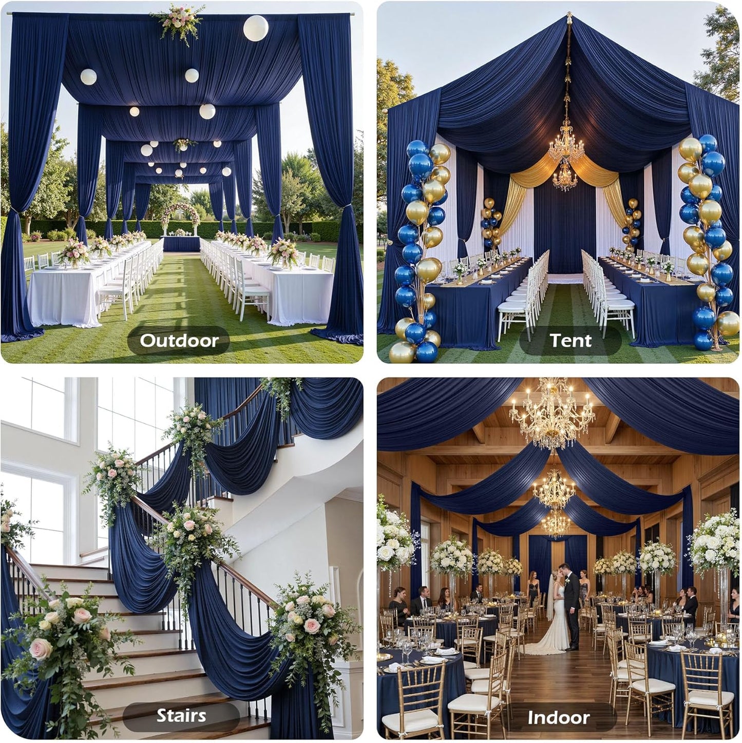 PartyVillage 50ftx40ft Navy Blue Ceiling Curtain for Wedding Parties – 10 Panels Wrinkle-Free 40 FT Long Tent Draping Curtains for Wedding, Birthday & Theme Parties, 40ft Height with Rod Pocket