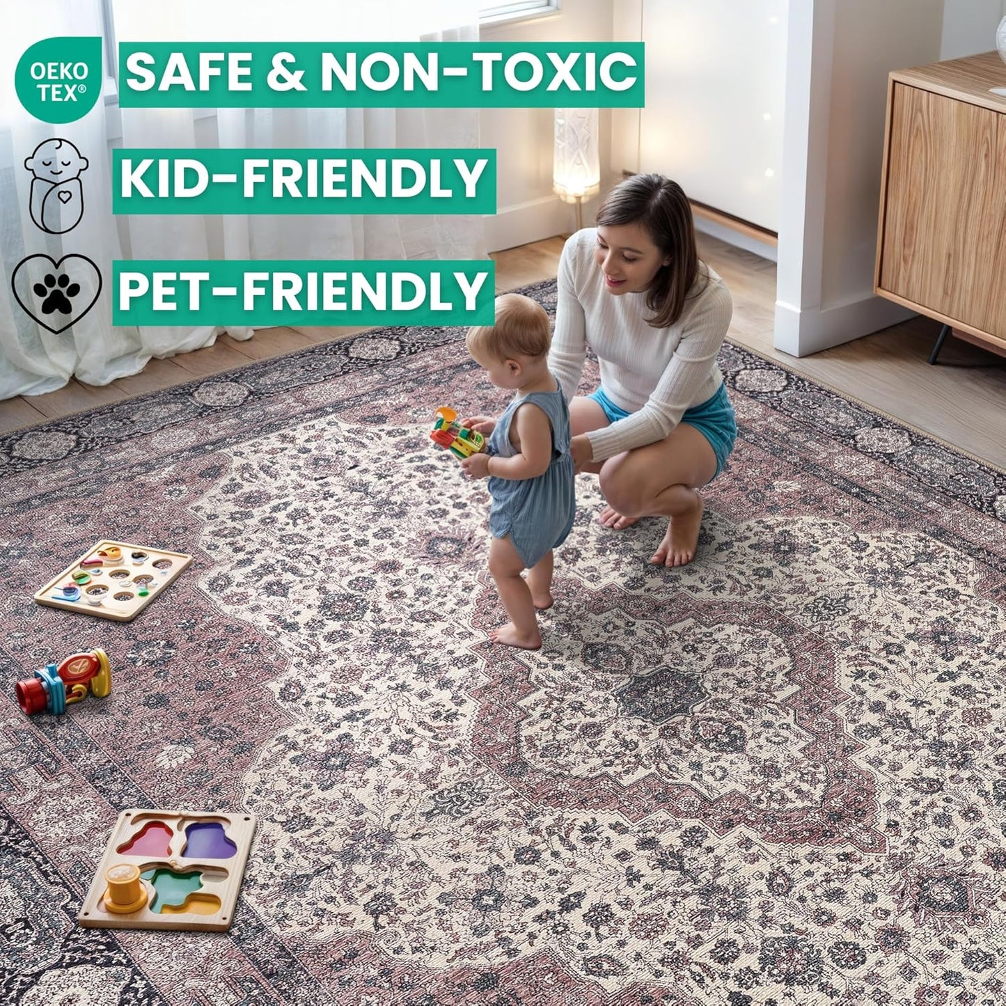 Bloom Rugs Washable Non-Slip 9' x 12' Rug - Cream/Green Traditional Medallion Area Rug for Living Room, Bedroom, Dining Room, and Kitchen - Exact Size: 9' x 12'