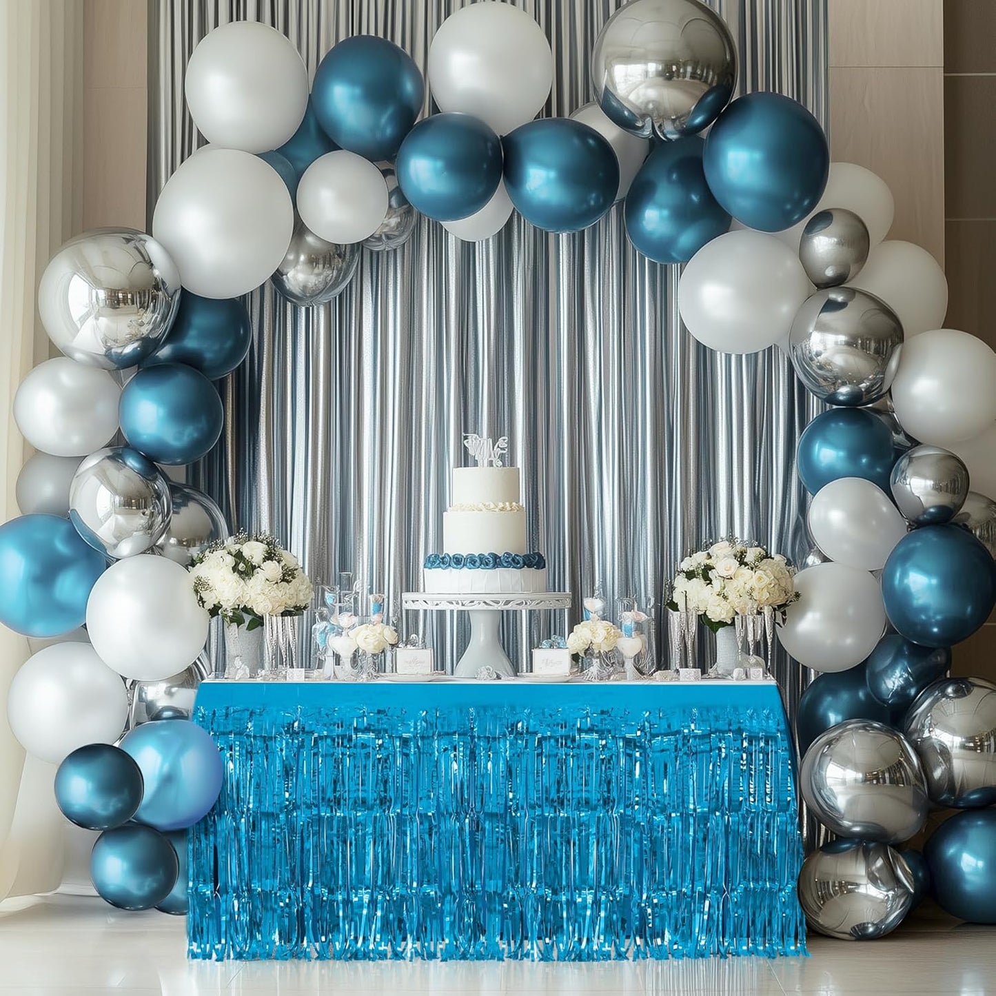 2 Pack Lake Blue Table Skirts, 29x108" Metallic Foil Tinsel Fringe Table Skirts for Rectangle Tables Streamer Curtains Backdrop, Party Decorations for Birthdays Weddings Holidays