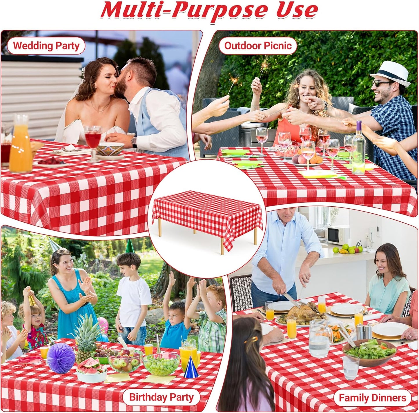 4Pack Plastic Table Cloth Ddisposable, 54" x 108" Table Cloth Rectangle Table, Waterproof Red and White Checkered Tablecloth, Outdoor Picnic Table Cover for Birthday Party Gathering Holiday Dinner