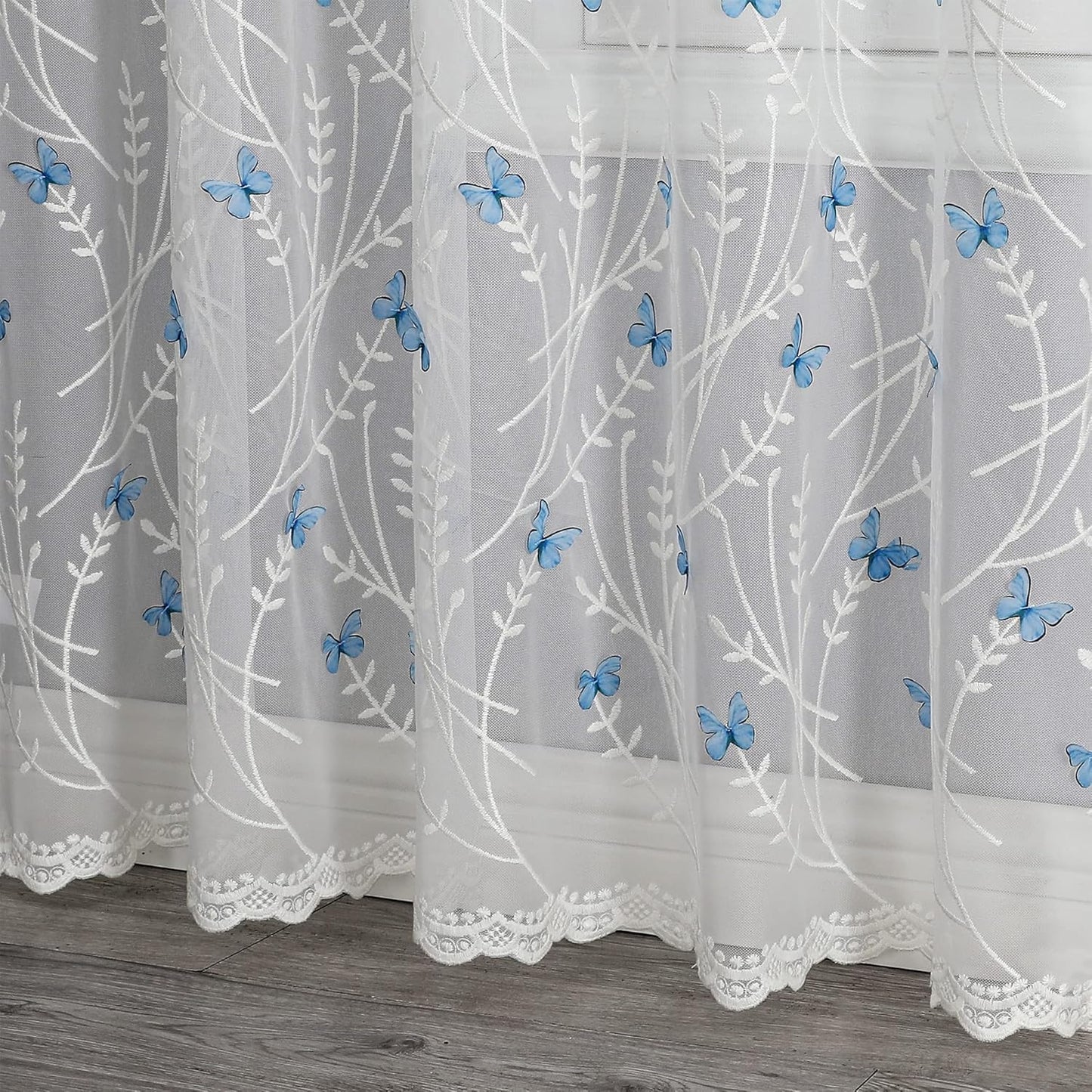 VISIONTEX White Sheer Voile Curtains, Decorative White Embossed Butterflies Rod Pocket Window Drapes for Home Kitchen, Living Room and Bedroom 54 x 84 Inch, Set of 2 Curtain Panels