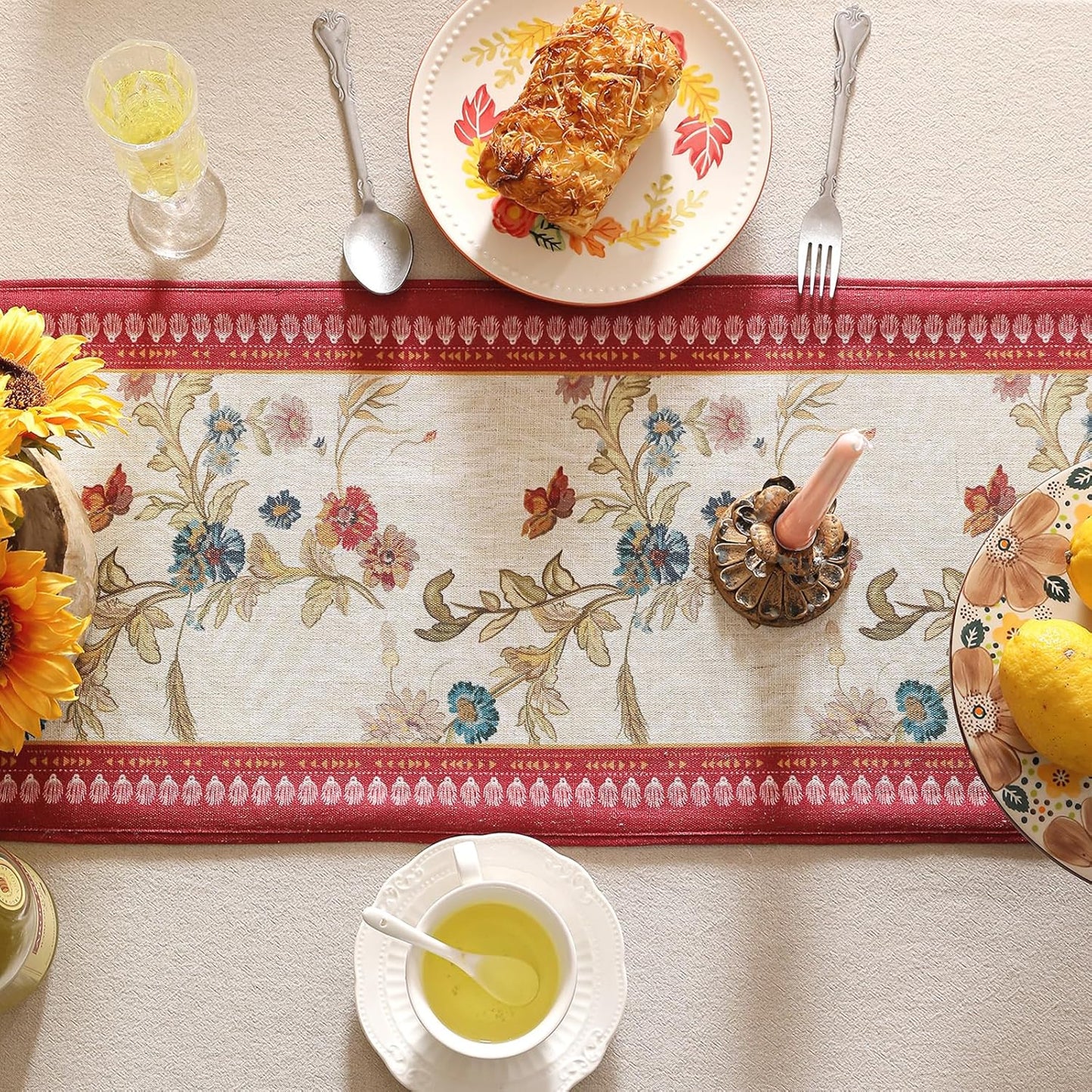 patdrea Designer Farmhouse Linen Extra Long Table Runner,Rustic Cottage Mauve with Rooster and Floral Pattern Fabric Table Mat,Decoration for Kitchen Dining Christmas New Year Banquet, 12"*118"