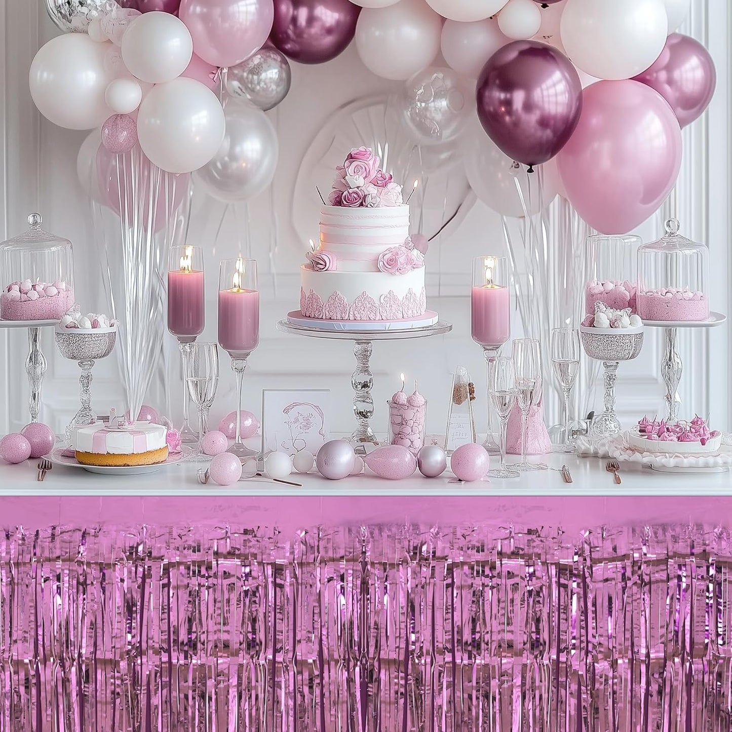 2 Pack Light Pink Light Blue Table Skirts, 29x108" Metallic Foil Tinsel Fringe Table Skirt for Rectangle Tables Streamer Curtains Backdrop, Party Decorations for Birthdays, Weddings, Holidays