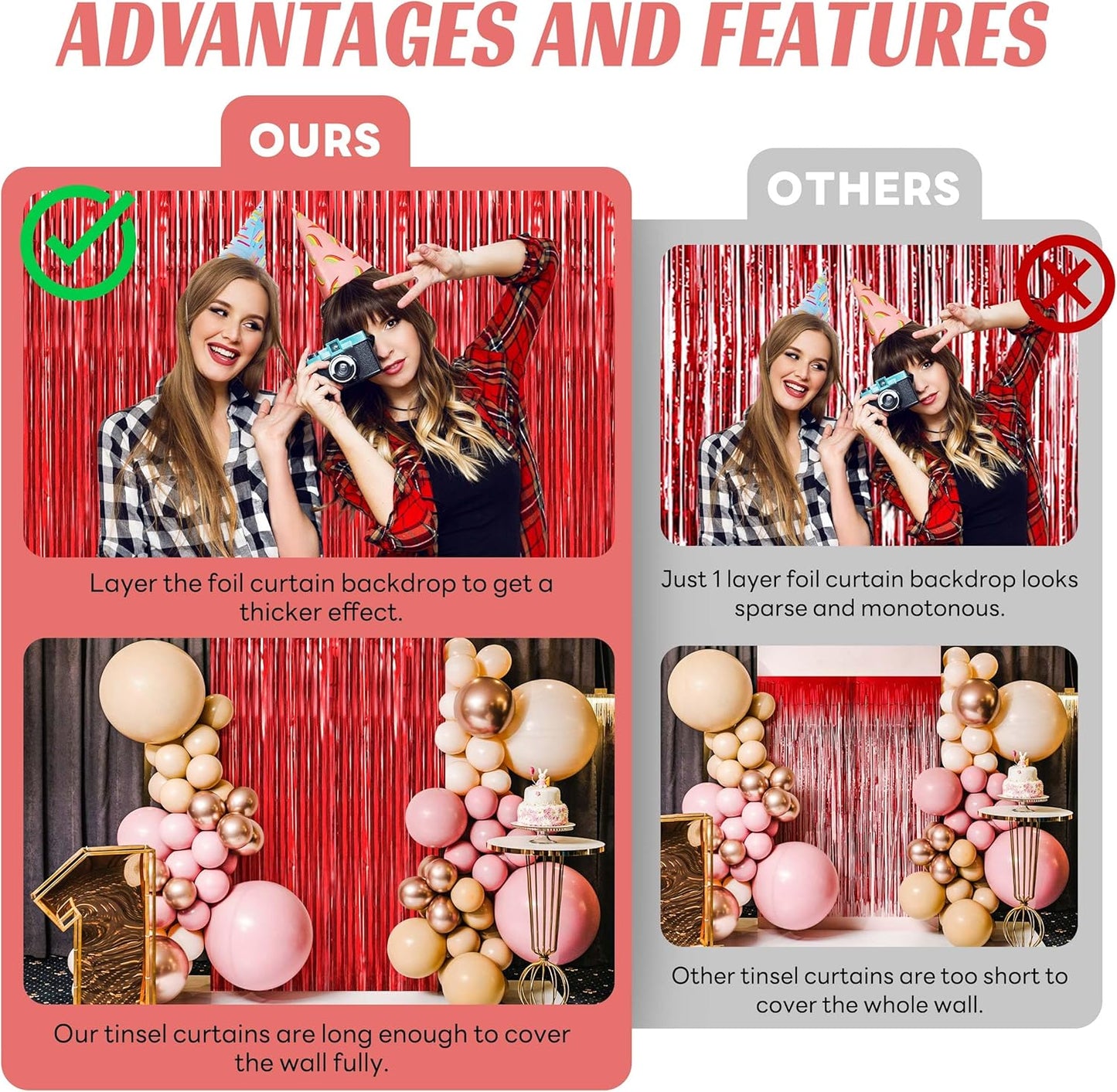 BTSD-home Red Foil Fringe Curtain, Metallic Photo Booth Backdrop Tinsel Door Curtains for Wedding Birthday Bridal Shower Baby Shower Bachelorette Christmas Party Decorations(4 Pack, 8ft x 3ft)