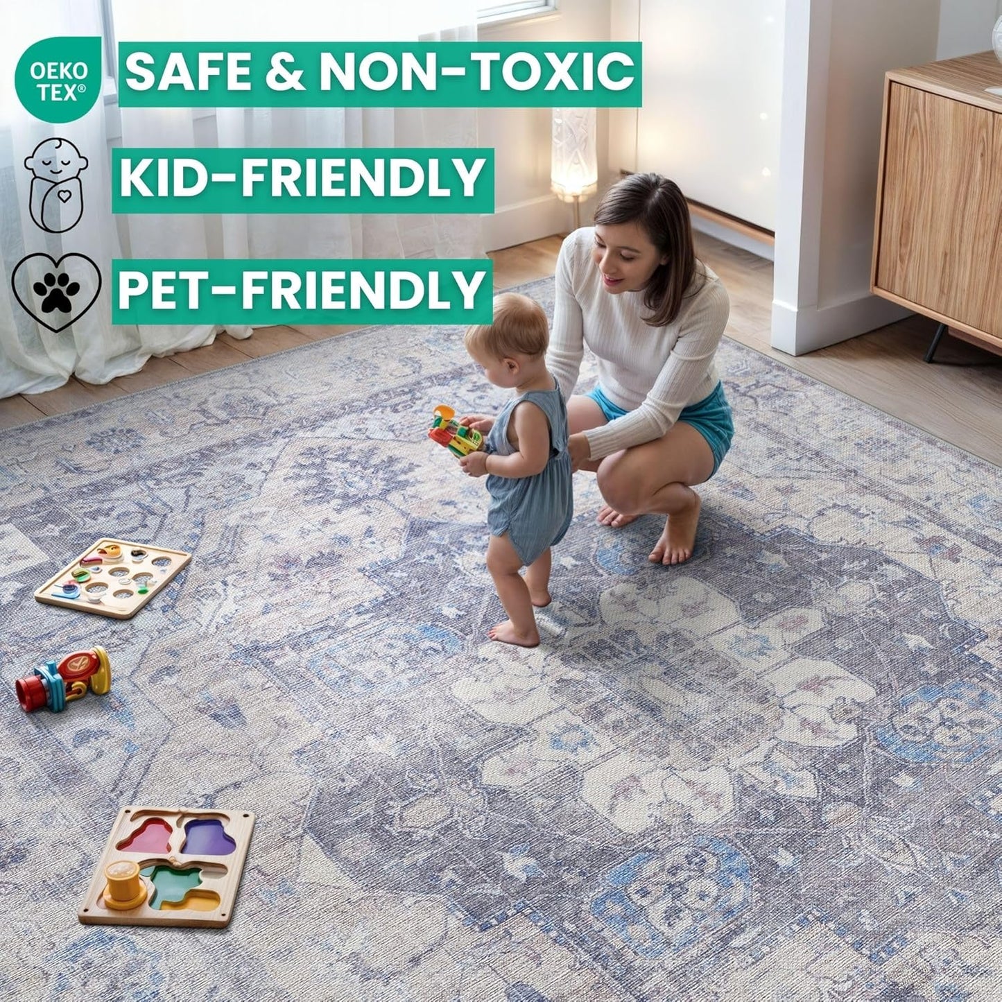 Bloom Rugs Washable Non-Slip 8' x 10' Rug - Blue/Sand Traditional Medallion Area Rug for Living Room, Bedroom, Dining Room, and Kitchen - Exact Size: 8' x 10'