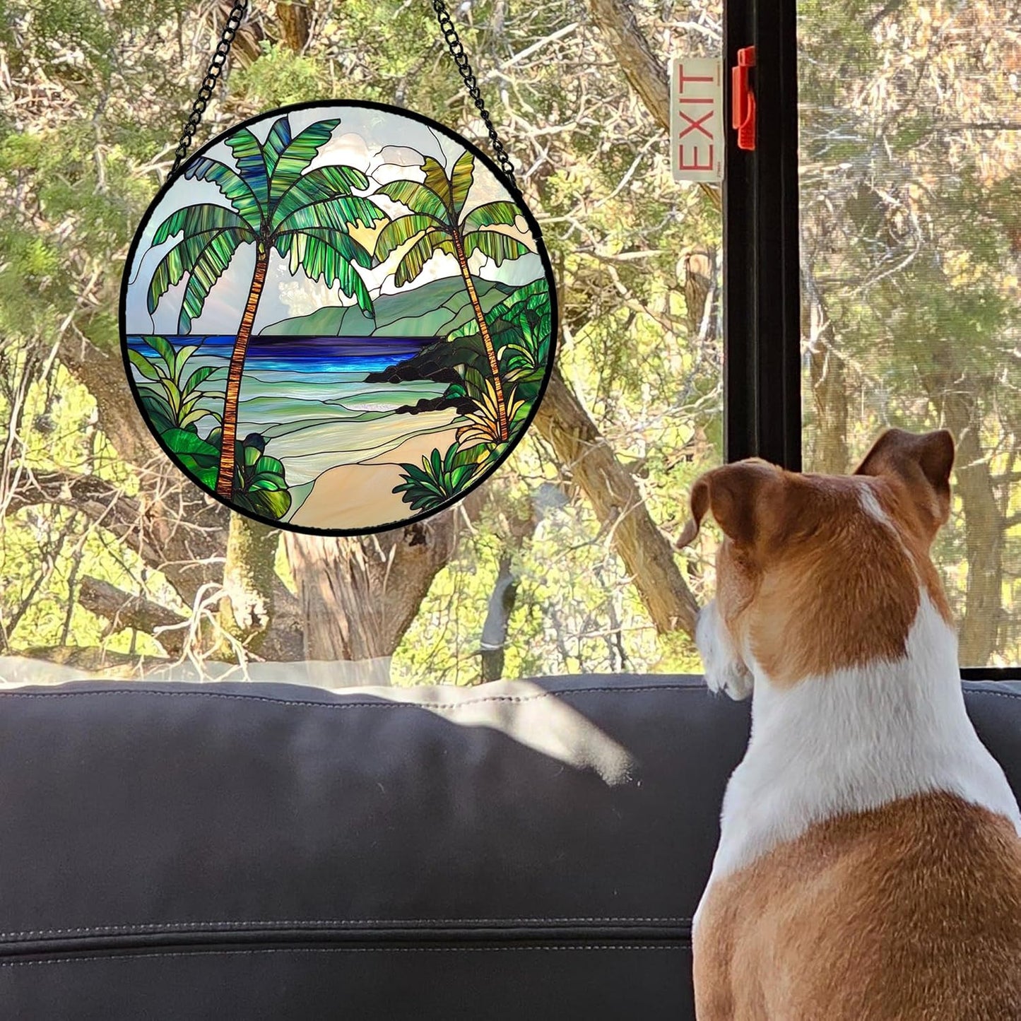 Stained Glass Window Hanging 4 Pcs Set Blue Ocean Coconut Tree Scenery 9.8" - Suncatcher Door Garden Sun Catcher Decor Birthday Christmas for Mom Woman Nana Men