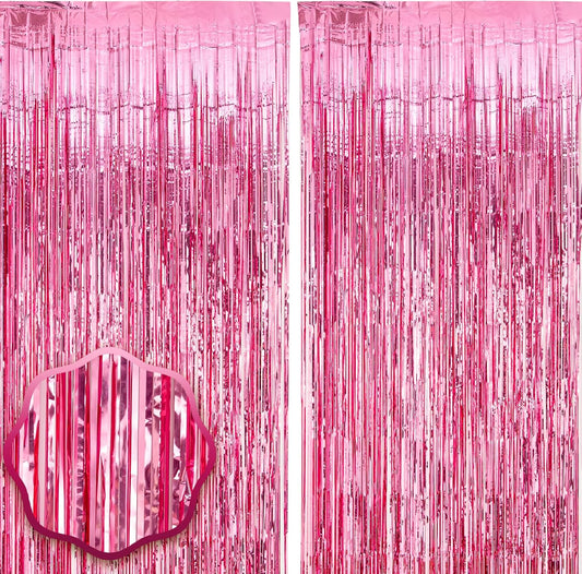2 Pack Pink Tinsel Foil Fringe Curtains, Pink Party Decorations, Metallic Tinsel Party Streamers Backdrop for Birthday Baby Shower Graduation Wedding Bachelorette Party Decorations
