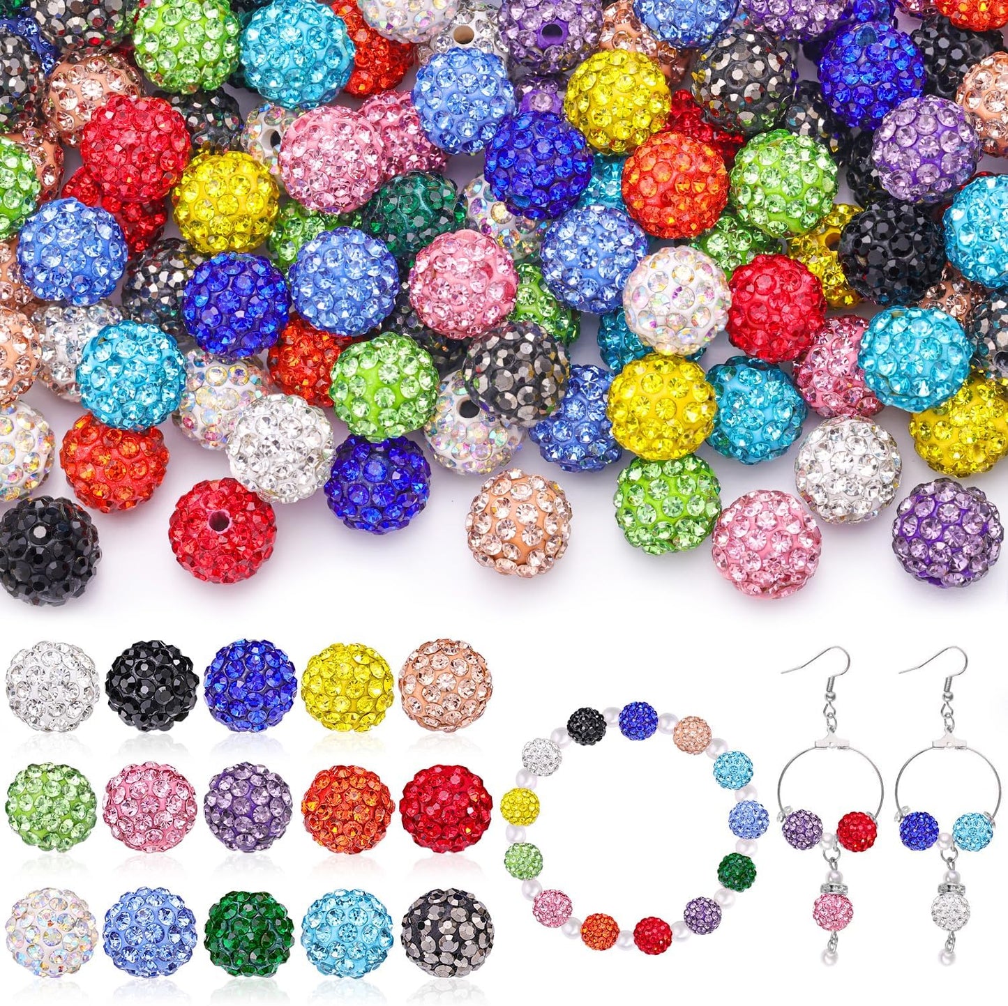 150 pcs 10mm Rhinestone Beads for Jewelry Making, 15 Mixed Colors Shiny Round Shamballa Disco Beads, Sparkle Crystal Clay Christmas for Bracelet Baseball Necklace Earring Crafting and DIY