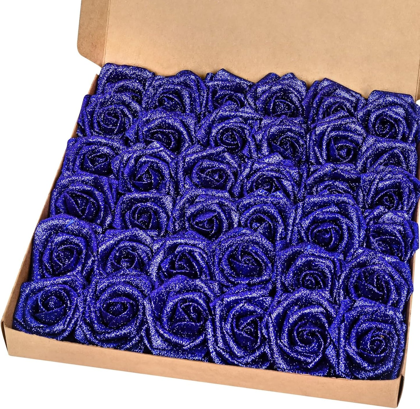 BLEUM CADE 36Pcs Artificial Flowers Fake Roses with Stems, Blue Glitter Boxed Foam Roses for DIY Bouquets Centerpieces Wedding Party Arrangement Bridal Shower Decor