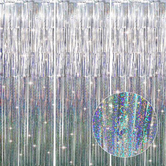 GOER 3.2 ft x 8.2 ft Metallic Tinsel Foil Fringe Curtains Party Photo Backdrop Party Streamers for Birthday,Graduation,New Year Eve Decorations Wedding Decor (3 Pcs, Shiny Silver)