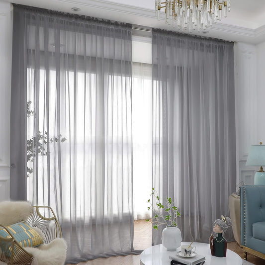 Window Gray Sheer Curtains 145 Inches Long 2 Panels Sheer Curtain Basic Rod Pocket Panel for Bedroom Children Living Room Yard Kitchen (Gray, 52" W x 145" L | 2 pcs)