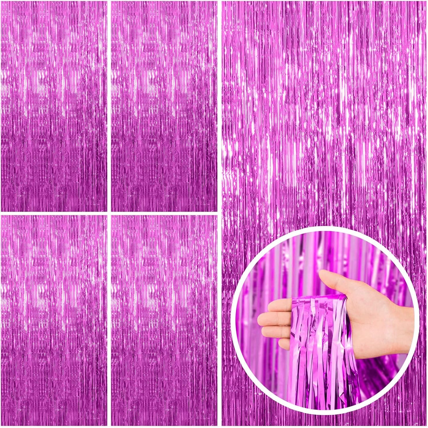 5 Pack Hot Pink Party Decorations - Tinsel Curtain Streamers Foil Fringe Backdrop for Birthday, Christmas, Bachelorette, Graduation, Fiesta Photo Booth