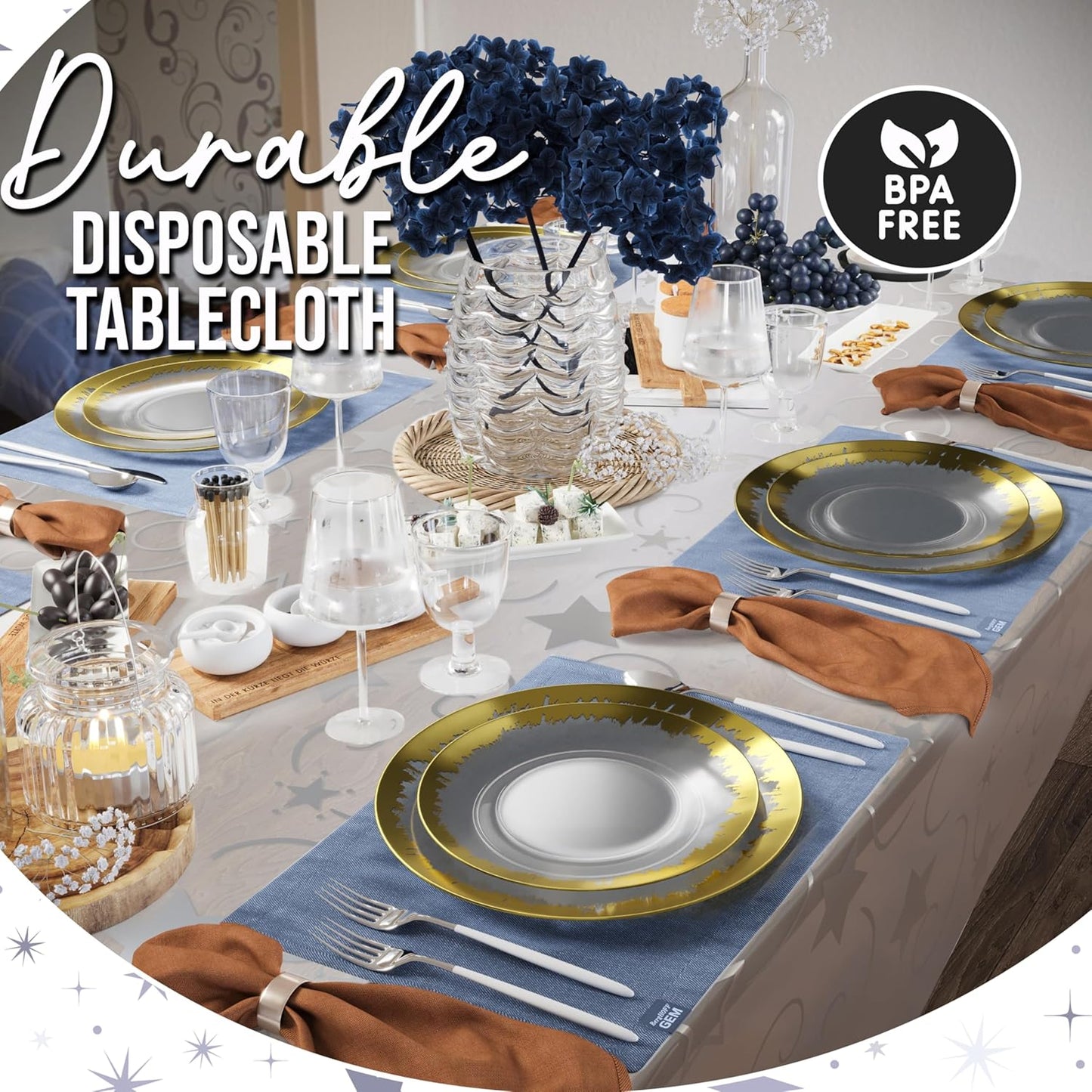 Exquisite Clear Silver Star Tablecloth Plastic 12-Pack Disposable Rectangle Tablecloths 54" x 108" Silver Star Table Cloths Rectangle Table Covers Plastic Tablecloth for Party Decorations