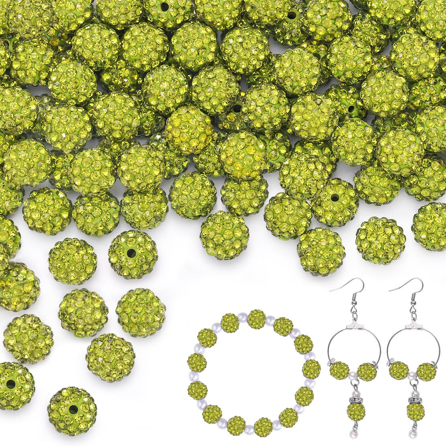 80pcs 10mm Olivine Rhinestone Beads for Jewelry Making, Shiny Round Shamballa Clay Christmas for Bracelet Baseball Necklace Earring and DIY Decoration Crafting