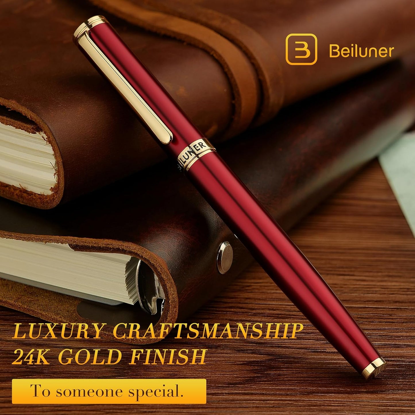 BEILUNER Red Fountain Pen,Stunning Luxury Pens with 24K Gold Finish, Gorgeous 24K Gilded Nib(Fine), Trustworthy Pen Gift for Men&Women -Ink Converter-Elegant,Graduation,Office,Nice Pen for Writing