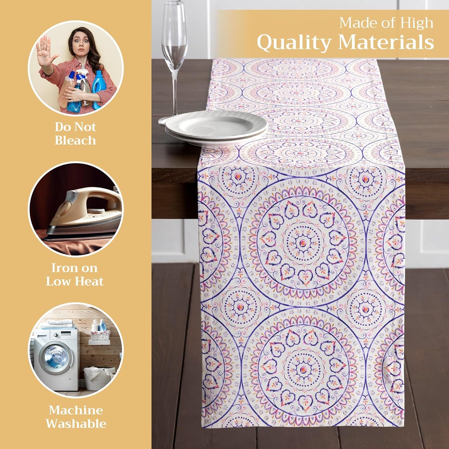 Maison d' Hermine Table Runner 100% Cotton Double Layer Table Runners 72 inches Long Decorative for Home Kitchen Dining Party Baby Shower Wedding Bridal Shower Spring Summer (Mandala, 14.50" x 72")
