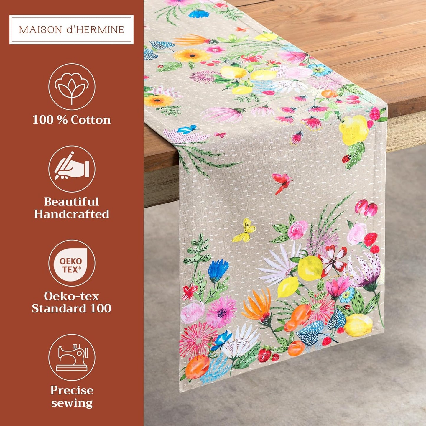 Maison d' Hermine Table Runner 100% Cotton Single Layer Table Runners 108 inches Long Decorative for Home Kitchen Dining Party Wedding Bridal Shower Spring Summer (Jardin D'Ete - Fog, 14.50" x 108")