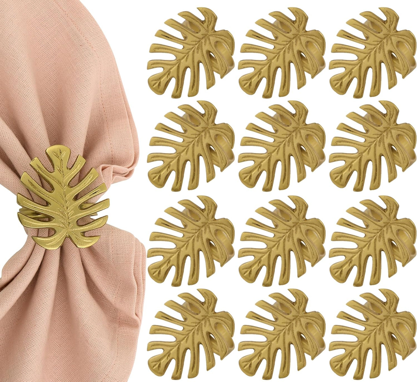 Napkin Rings Set of 12 Metal Napkin Holder Cuffs for Dinner Table Décor Monstera Leaf Farmhouse Modern Serviette Rings for Weddings, Parties, Receptions, Daily Use (Antique Gold) - ALPHA Living HOME
