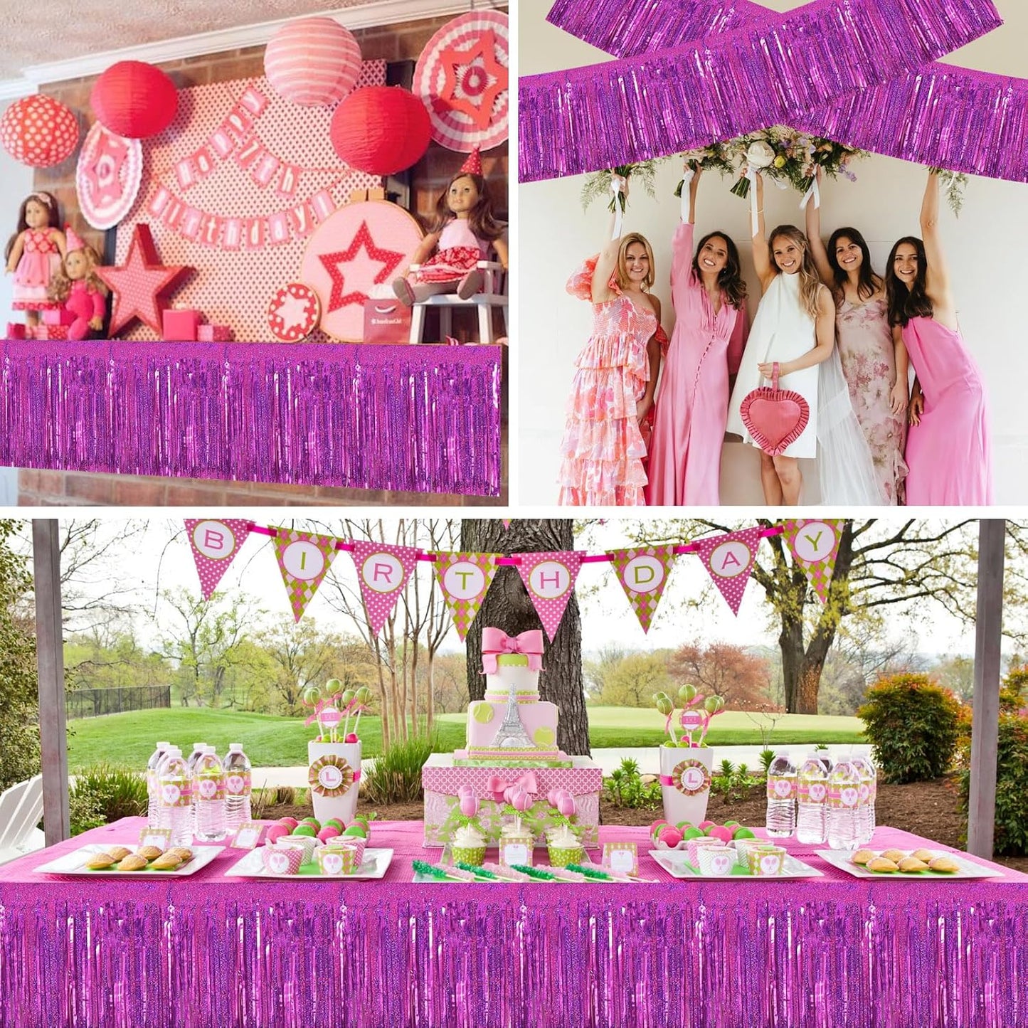 BEISHIDA 3 Packs Metallic Foil Fringe Garland Laser Rose Red Wall Hanging Tinsel Fringe Banners for Car Floats Bridal Shower Wedding Birthday Easter Graduation Holiday Party Decoration(30 Feet)