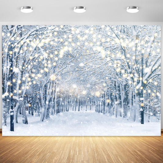 7x5FT Winter Snowy Scene Photography Backdrop Wonderland Snowflake Tree Snow Background Bokeh Glitter White Snow Forest Landscape Party Photo Booth Studio Props