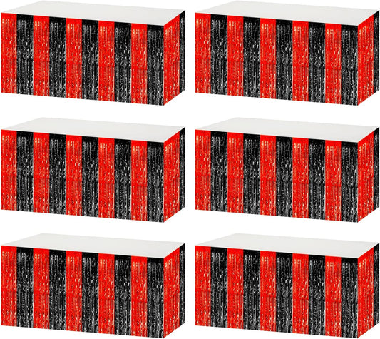 6 Pack 29x108 Inch Black Red Metallic Foil Fringe Tinsel Table Skirts for Rectangle Tables Streamer Curtains Backdrop for Wedding, Casino Viva Las Vegas Game Night Birthday Party Decoration