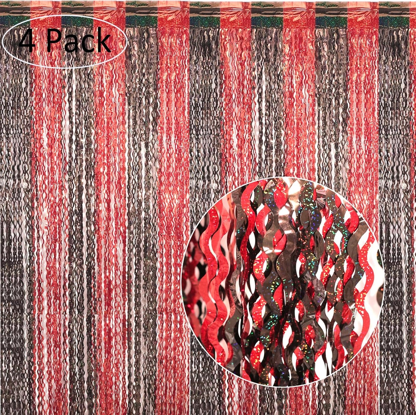 4 Pack 3.3x6.6 ft Red and Black Foil Fringe Backdrop Curtains - Wavy Tinsel Streamers Birthday Birthay Decorations, Fringe Backdrop for Graduation, Xmas, Disco Party