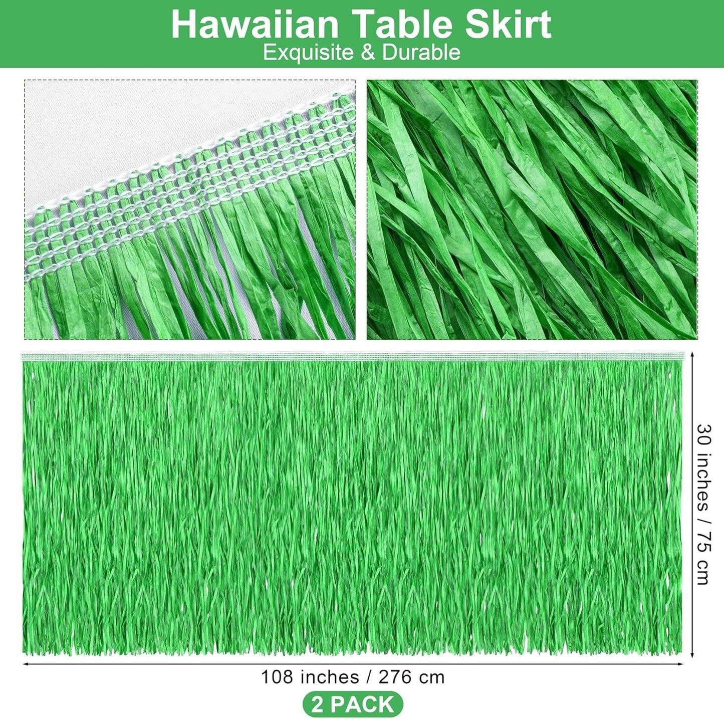 Fovths 2 Packs Luau Grass Table Skirt Paper Fringe Straw Grass Skirt 108 x 30 Inch Hibiscus Hawaiian Table Skirts Rectangle Tropical Luau Party Decorations for Hawaiian Luau Decorations