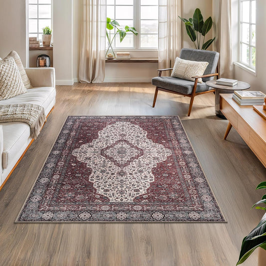 Bloom Rugs Washable Non-Slip 4' x 6' Rug - Red/Green/Cream Traditional Medallion Area Rug for Living Room, Bedroom, Dining Room, and Kitchen - Exact Size: 4' x 6'