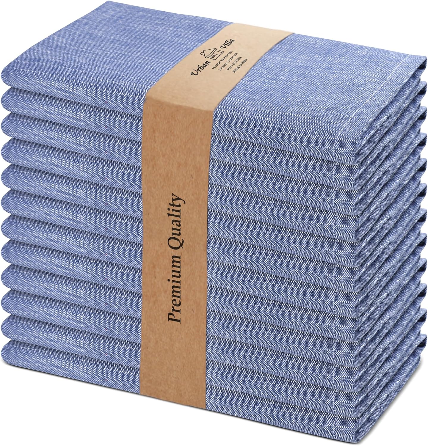 Urban Villa Cloth Napkins 100% Cotton Slub Absorbent Dinner Napkins (Set of 12) Oversized 20x20 Inches Blue White Chambray Soft Durable Reusable Washable Ideal for Everyday Use Premium Quality