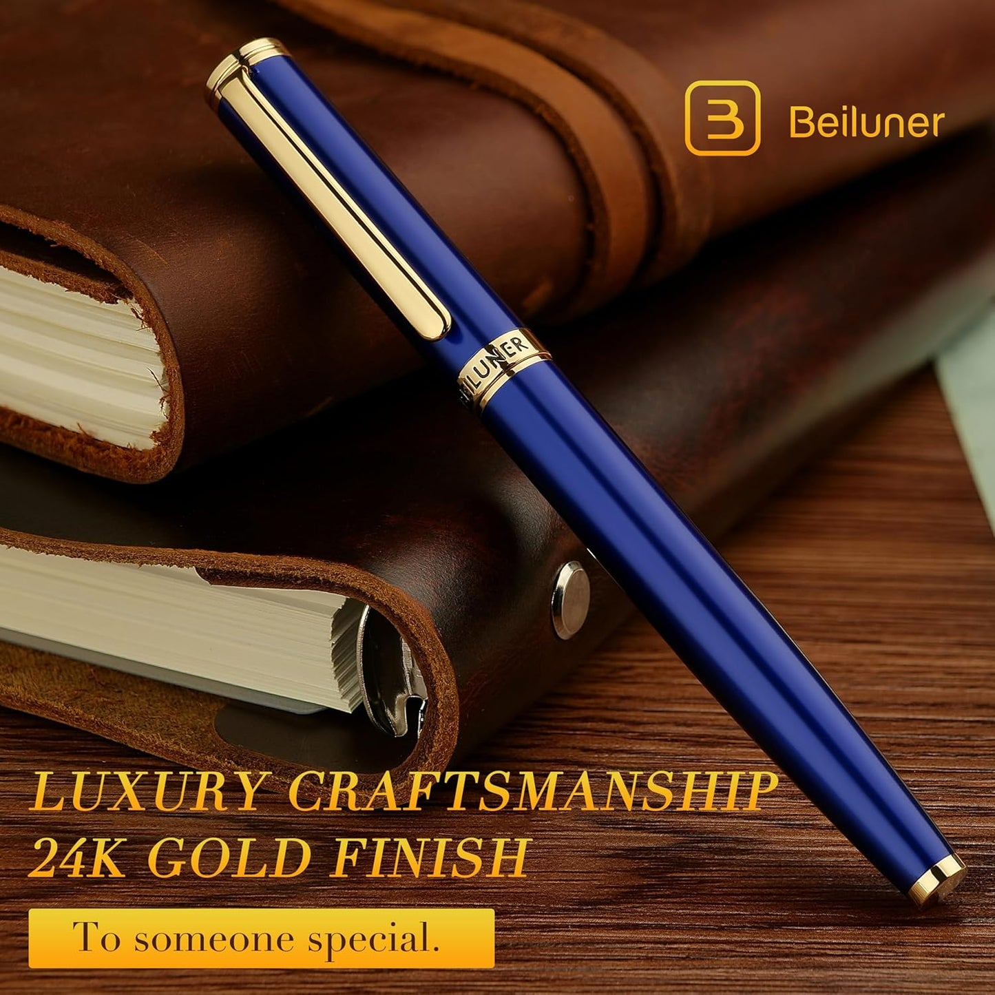 BEILUNER Blue Fountain Pen,Stunning Luxury Pens with 24K Gold Finish, Gorgeous 24K Gilded Nib(Fine), Trustworthy Pen Gift for Men&Women -Ink Converter-Elegant, Graduation,Nice Pen for Writing