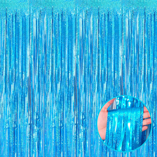 4 Pack Light Blue Tinsel Foil Fringe Curtain Backdrop, 3.28Ft x 8.2Ft Metallic Streamers for Photo Booth Props Wedding Bridal Shower Bachelorette Birthday Halloween Christmas Party Decoration