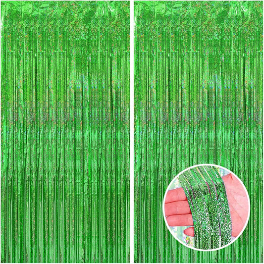 CANREVEL 2 Pack 3.3x8.2 Feet Laser Green Foil Fringe Backdrop Curtains, Tinsel Streamers Birthday Party Decorations, Fringe Backdrop for Jungle Safari Tropical Party Christmas Decorations