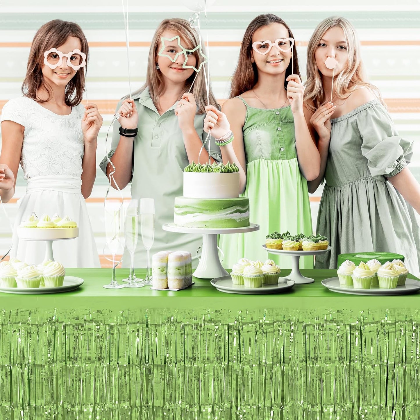 8 Pack Light Green Table Skirts, 29x108" Metallic Foil Tinsel Fringe Table Skirts for Rectangle Tables Streamer Curtains Backdrop, Party Decorations for Birthdays Weddings Holidays