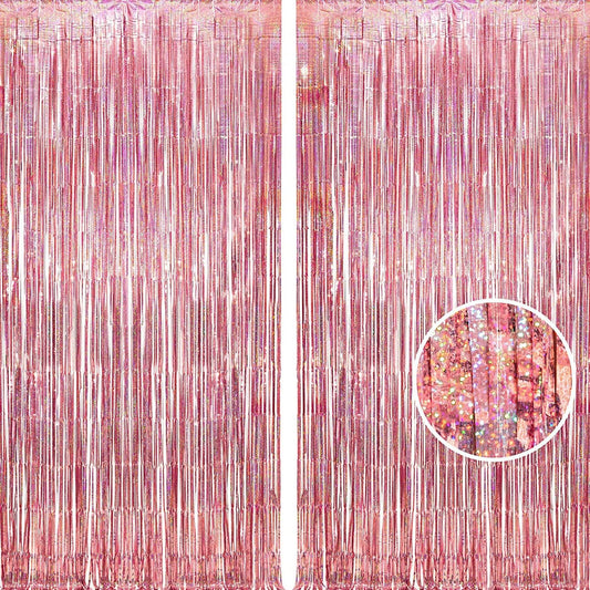 BRAVESHINE Rose-Gold Tinsel Foil Fringe Curtains - 2Pcs 3.2x8.2ft Metallic Holiday Photo Booth Backdrop Party Supplies for Birthdays Valentines Day Bridal Shower Bachelorette Engagement Party