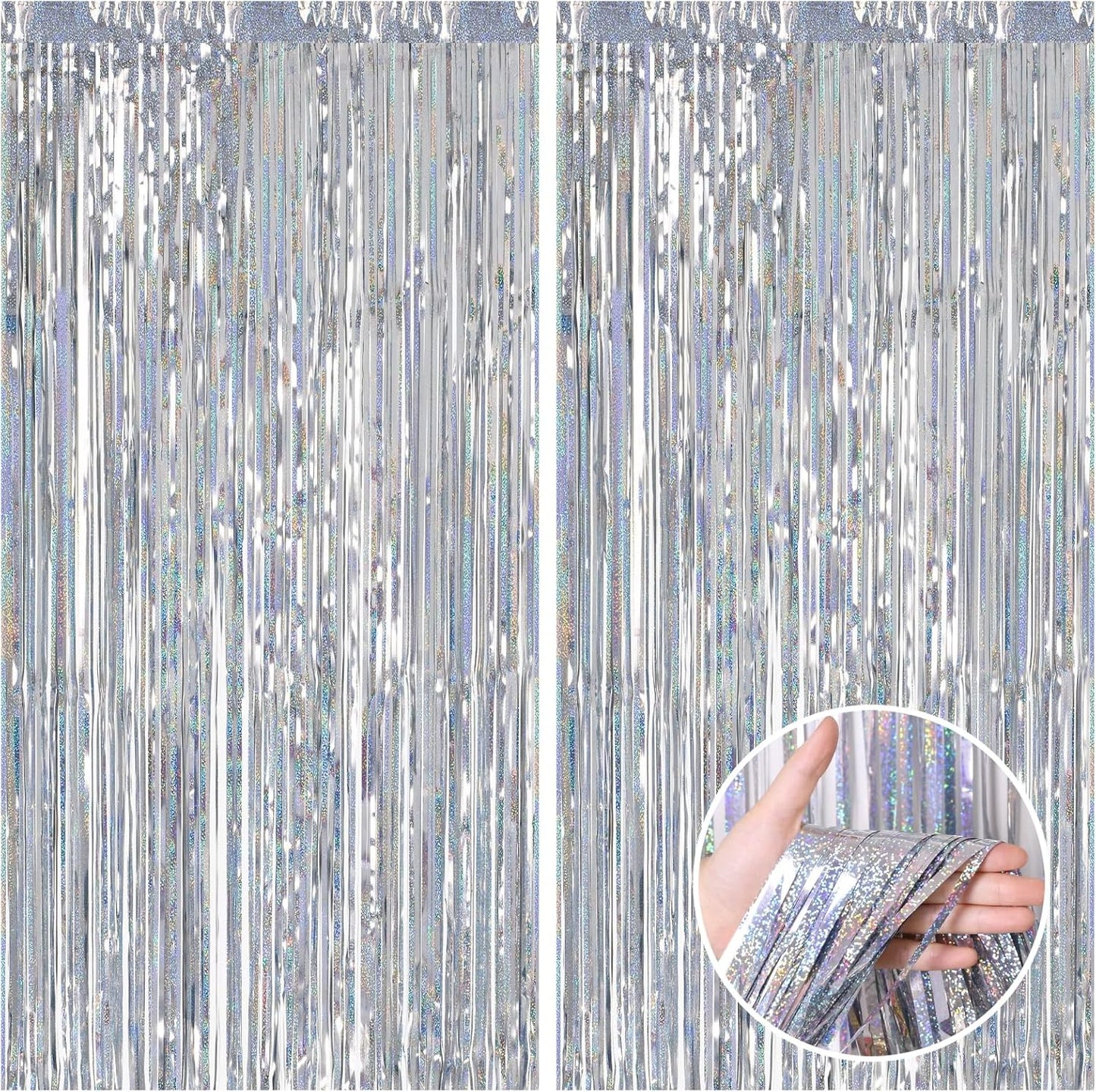 CANREVEL 2 Pack 3.3x8.2 Feet Laser Silver Foil Fringe Backdrop Curtains, Tinsel Streamers Birthday Party Decorations, Fringe Backdrop for Graduation, Baby Shower, Happy New Year, Disco Party