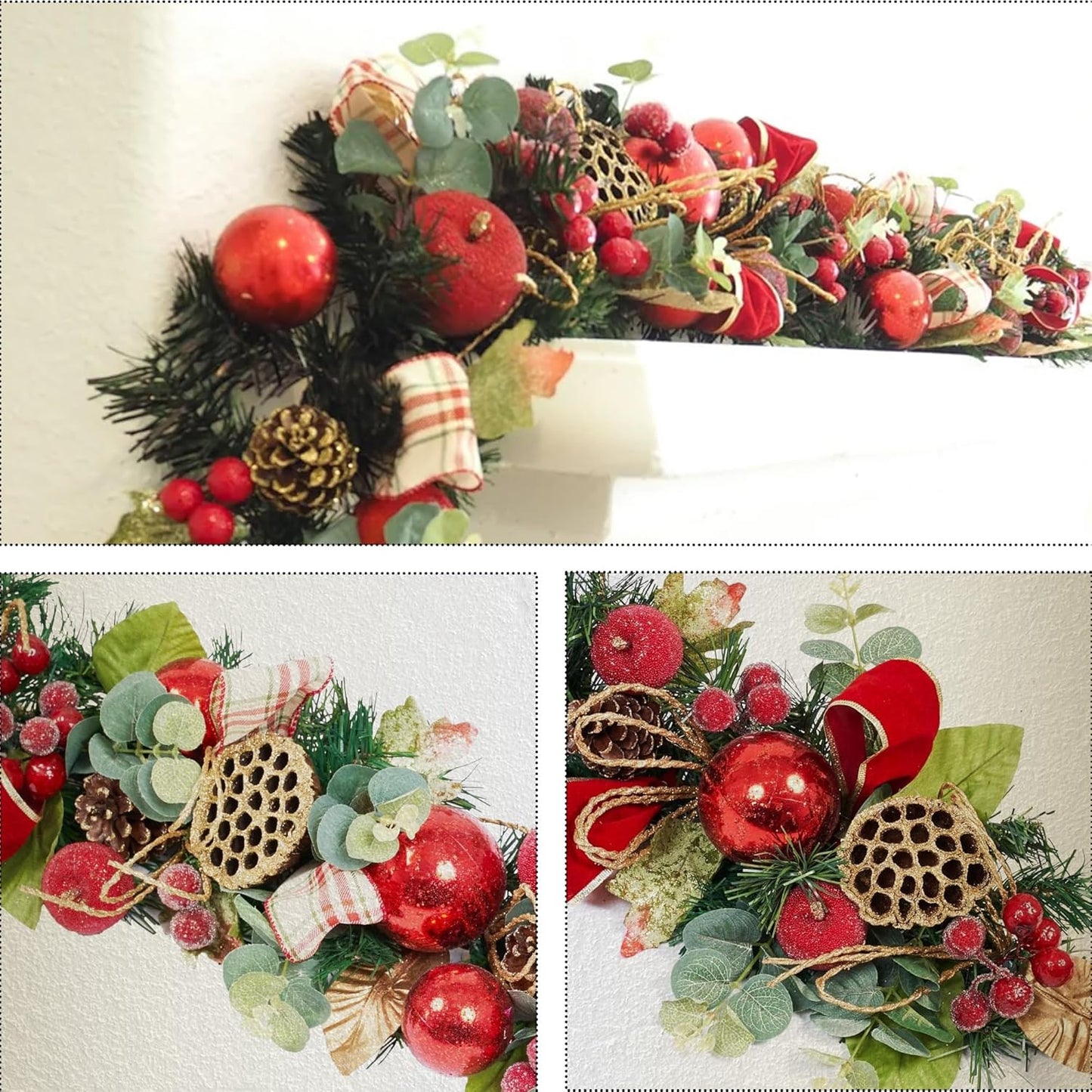 5 ft Christmas Garland for Mantle for Stairs Railing, Banister, Staircase, Fireplace, for Table No Light, Garland Decor Frosted Red Poinsettia Holiday Tree (Red Plain Lotus Pod Garland)